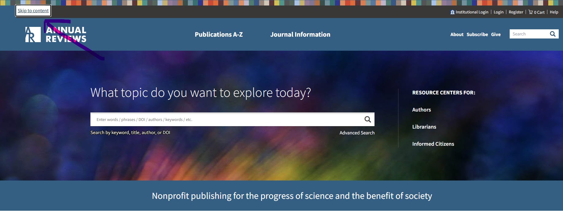 The Annual Reviews home page just after the first Tab press. A boxed "Skip to content" link has appeared at the top left, above the logo, with a clear black outline. An arrow points to it.