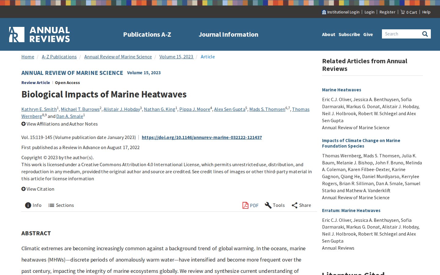 An Annual Reviews article page with breadcrumbs, journal and volume, title, authors, citation details, an action bar and the abstract, with related articles on the right.