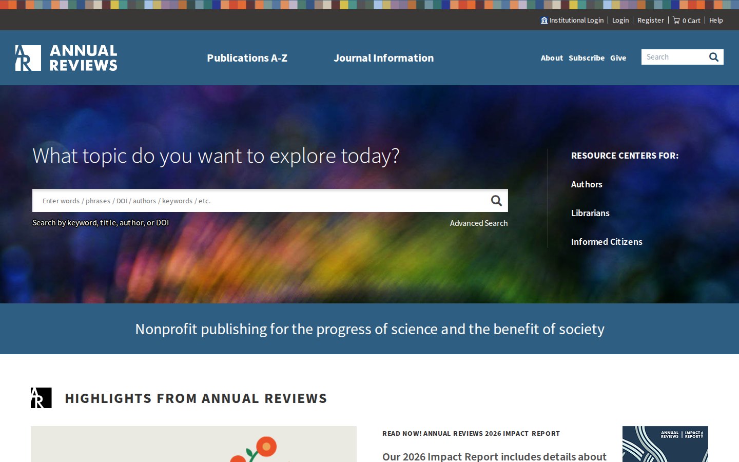 Annual Reviews home page: blue header with logo and navigation, a hero asking what topic to explore with a large search box, and resource centre links.