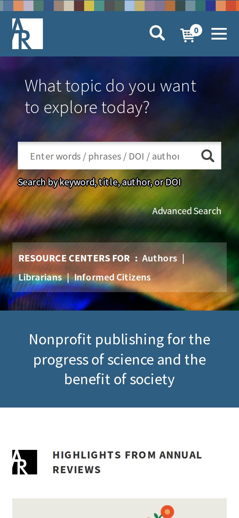 Annual Reviews home page on a phone: compact header, the search question and search box, and resource centre links.
