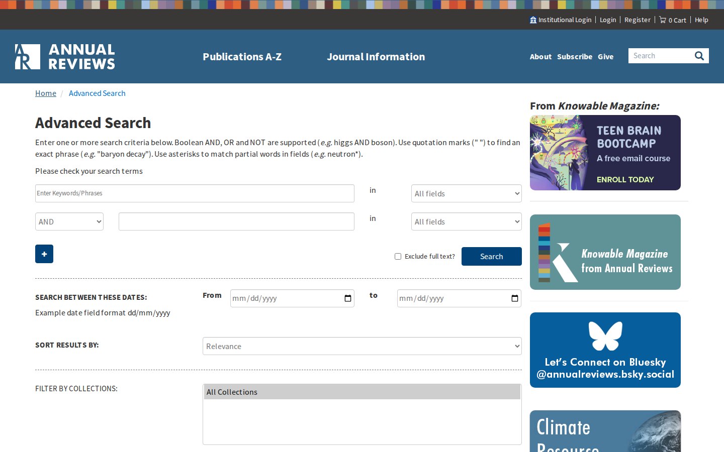 Annual Reviews advanced search form with a column of promotional tiles on the right.