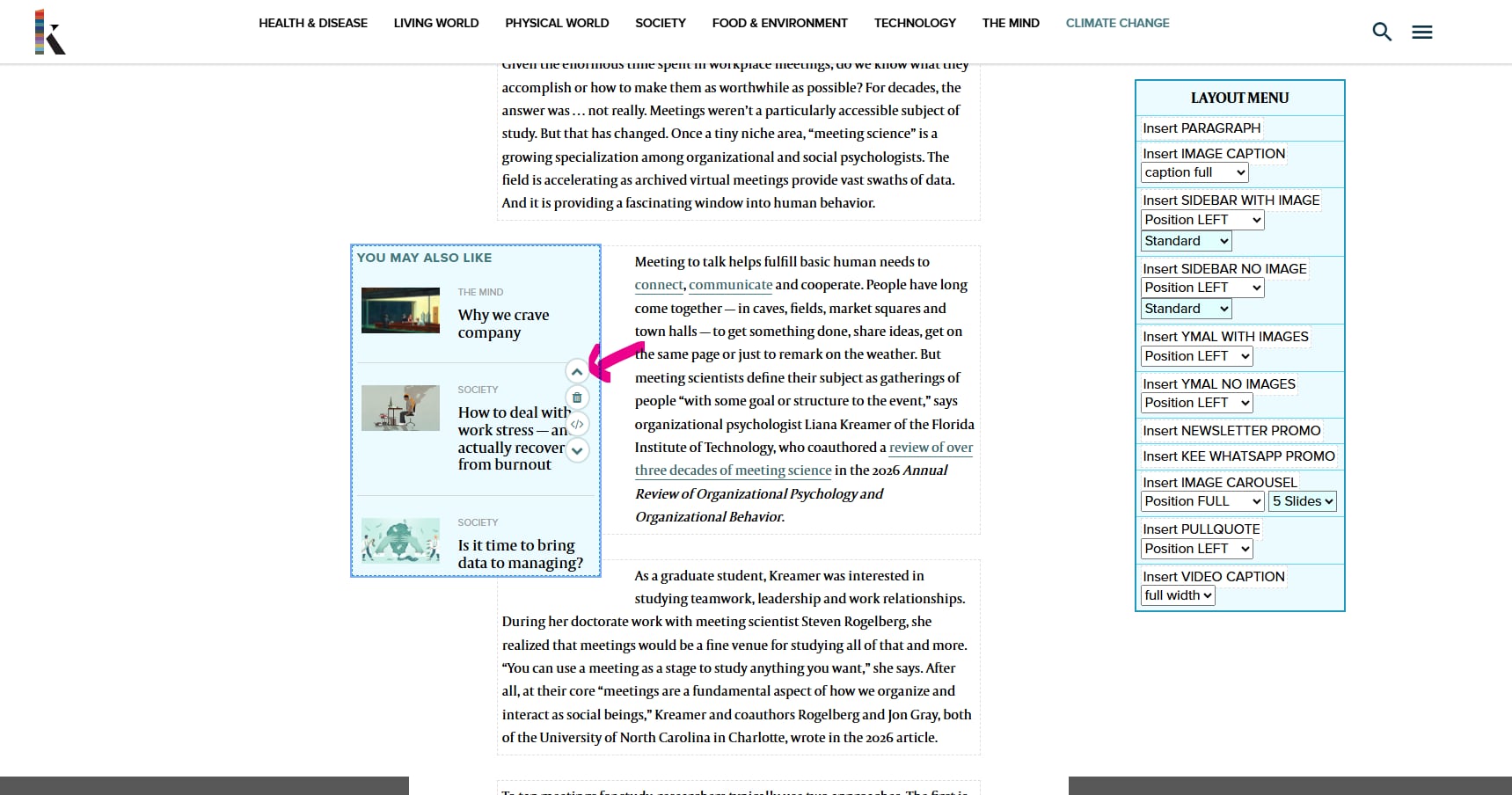 A Knowable Magazine article in Block Mode. A "You may also like" block sits in the body text with a dashed blue outline. Small round icons beside it move the block up or down, open its editing tools and delete it with a bin. The Layout menu on the right lists the blocks that can be inserted.