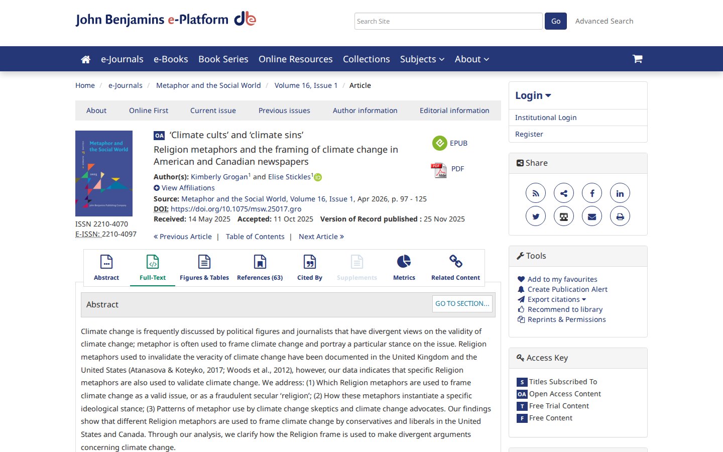 A John Benjamins article page with cover image, authors, citation details, tabs for Abstract, Full-Text and References, and a Tools panel on the right.