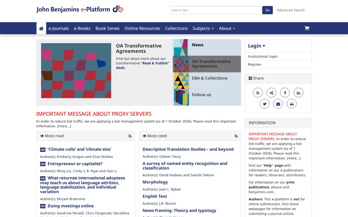 John Benjamins e-Platform home page: logo and search, blue navigation bar, a feature panel and Most read and Most cited lists.
