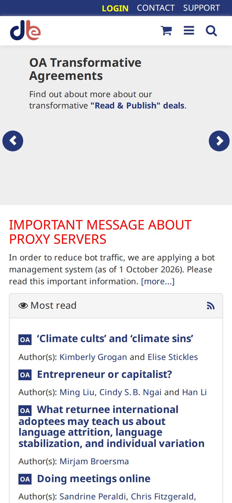 John Benjamins home page on a phone: compact header, a feature carousel and the Most read list.