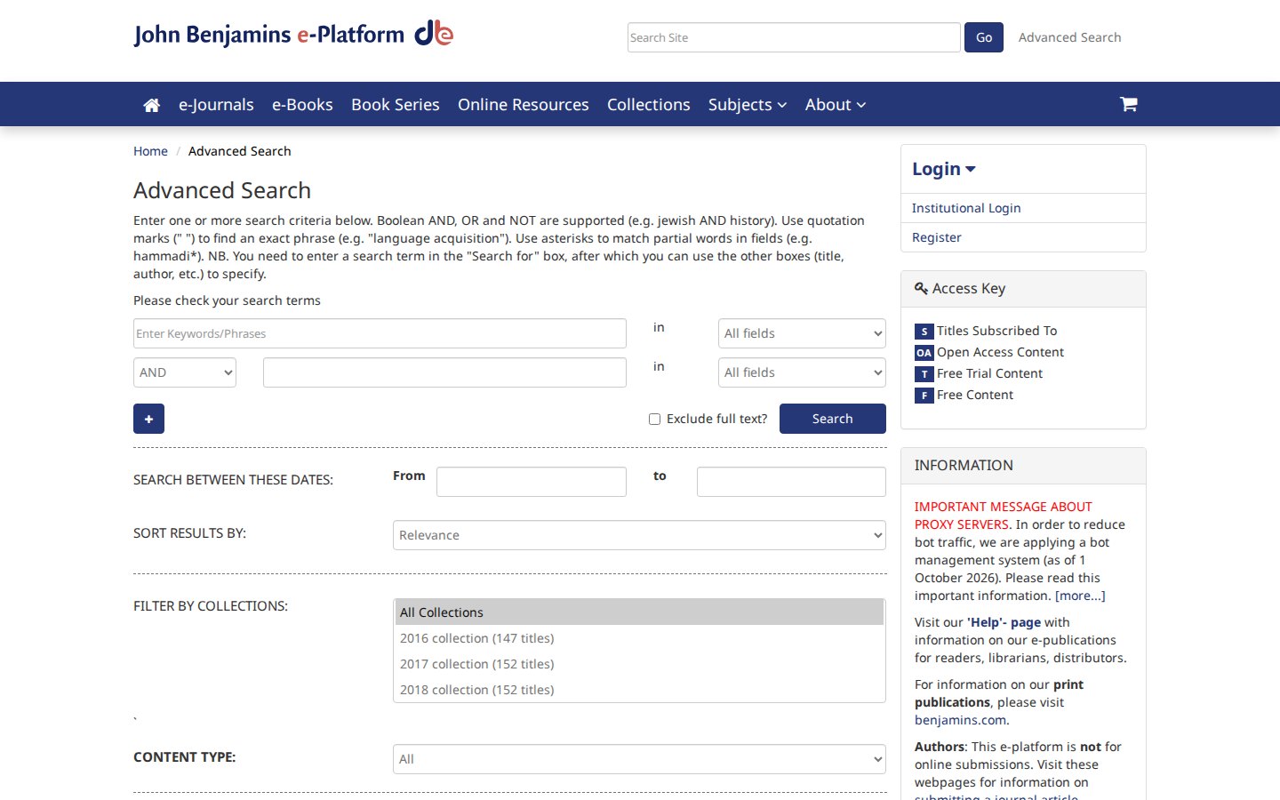 John Benjamins advanced search form with keyword fields, dates, sort order and collection filters.