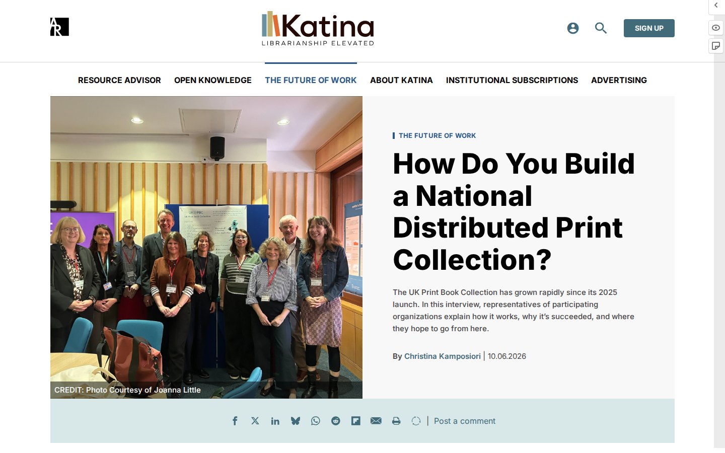 A Katina article page: photograph on the left, section label, headline, standfirst and byline on the right, with share icons below.