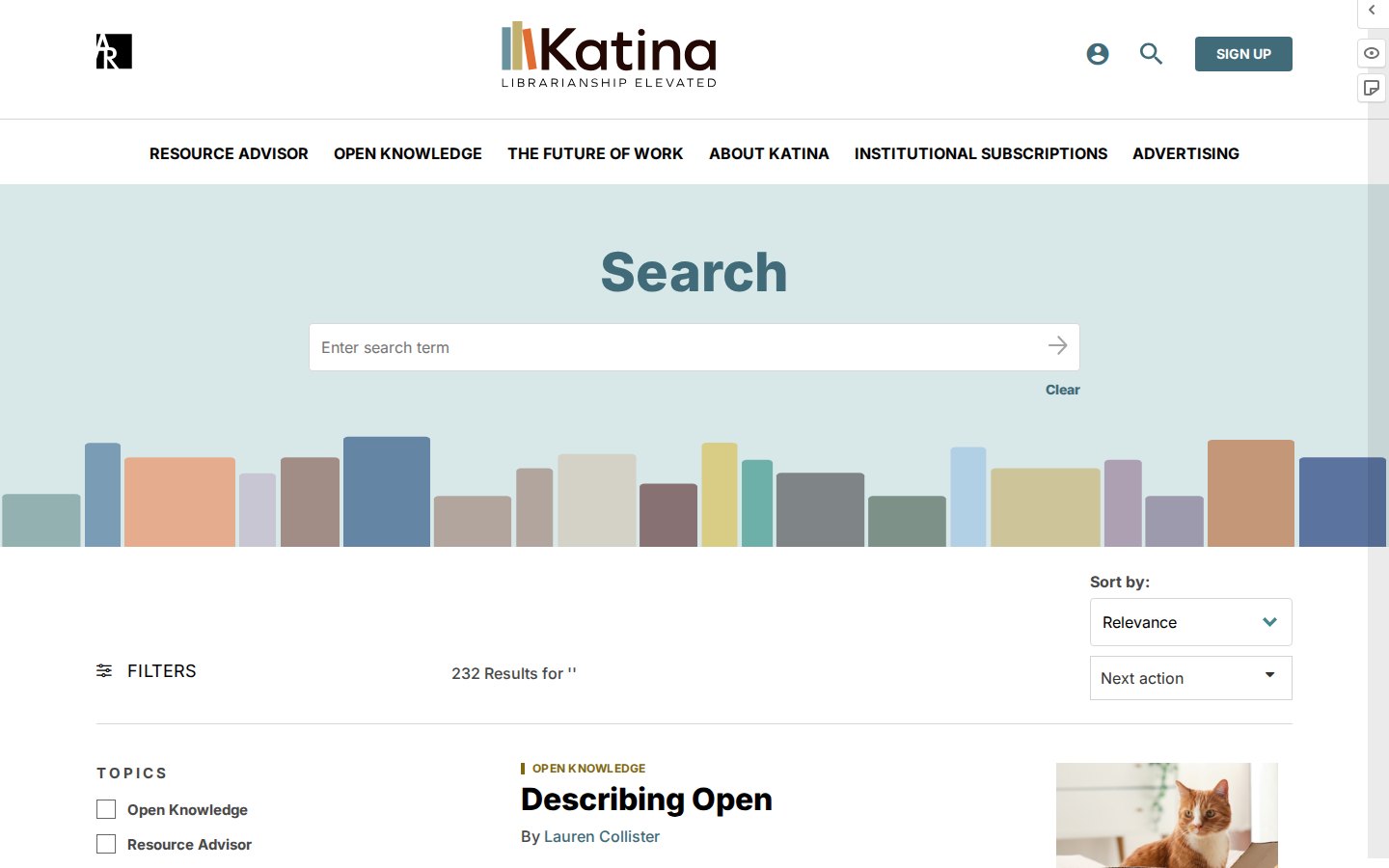 Katina search page with a colour-block banner, a search box, topic filters and a list of results.