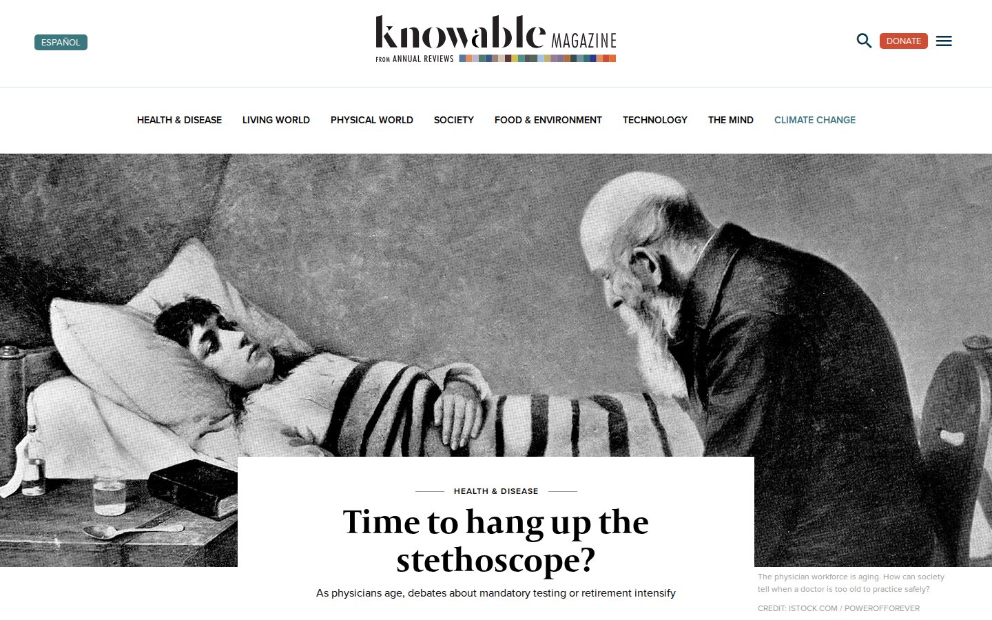 A Knowable article page: a large illustration with the headline and standfirst in a card overlapping its lower edge.
