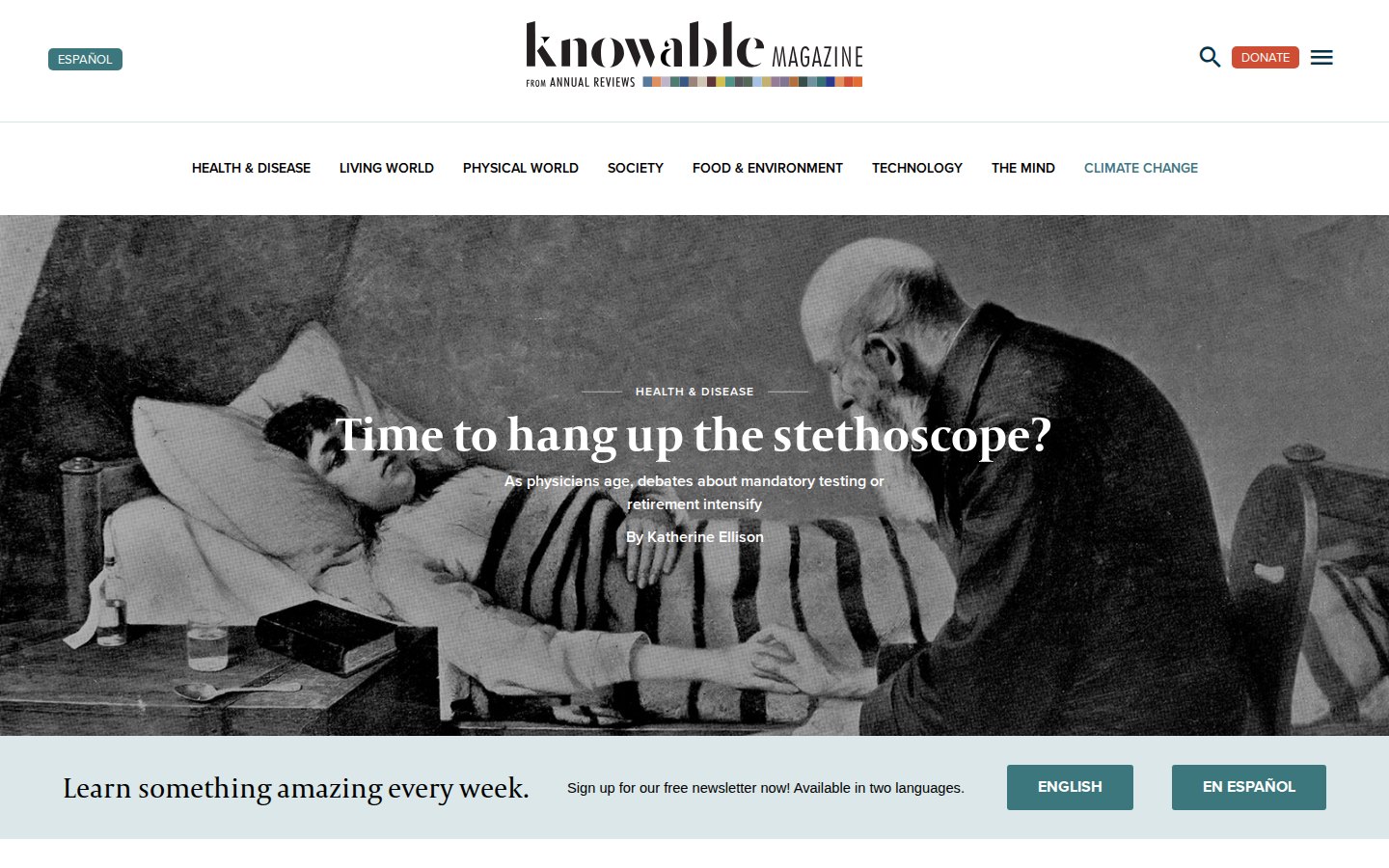 Knowable Magazine home page: logo, topic navigation and a full-width black and white image with the lead headline over it.