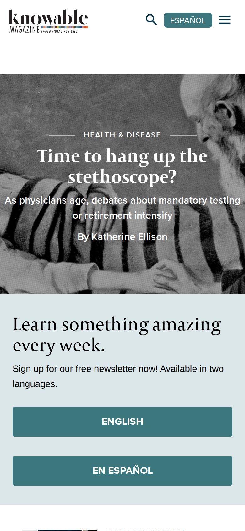 Knowable home page on a phone: logo and menu in the header, lead image with headline, and English and Spanish newsletter buttons stacked below.