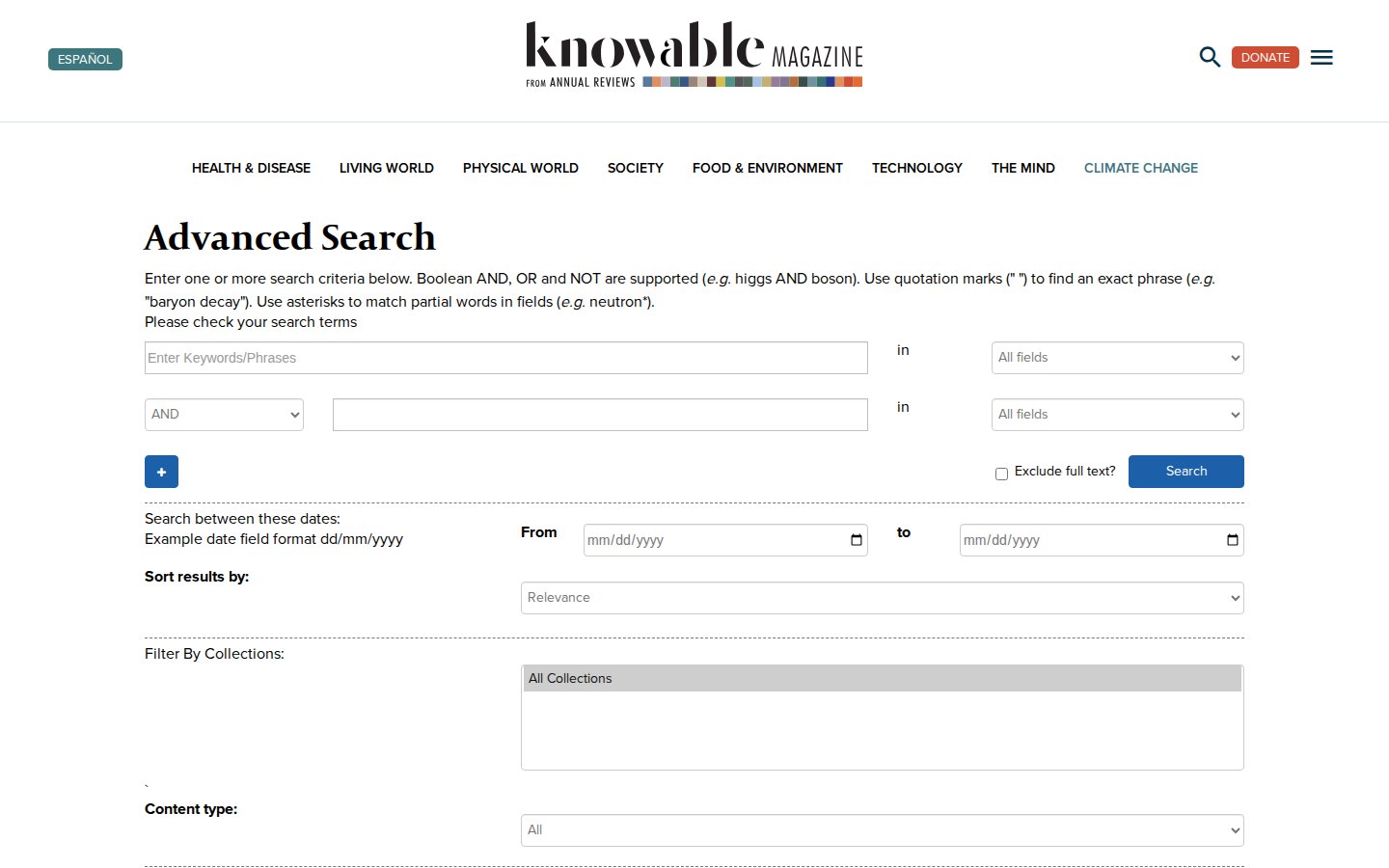 Knowable advanced search form with keyword fields, date range, sort order and collection filters.