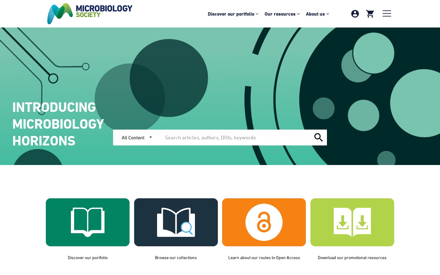 Microbiology Society home page header: logo and menus above a teal hero with a heading and a search box with a scope picker, then four coloured shortcut tiles.
