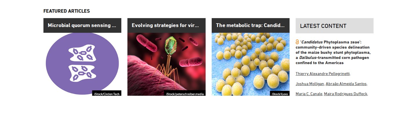 Featured Articles band: three image tiles with dark title bars, beside a Latest Content list of article titles and authors.