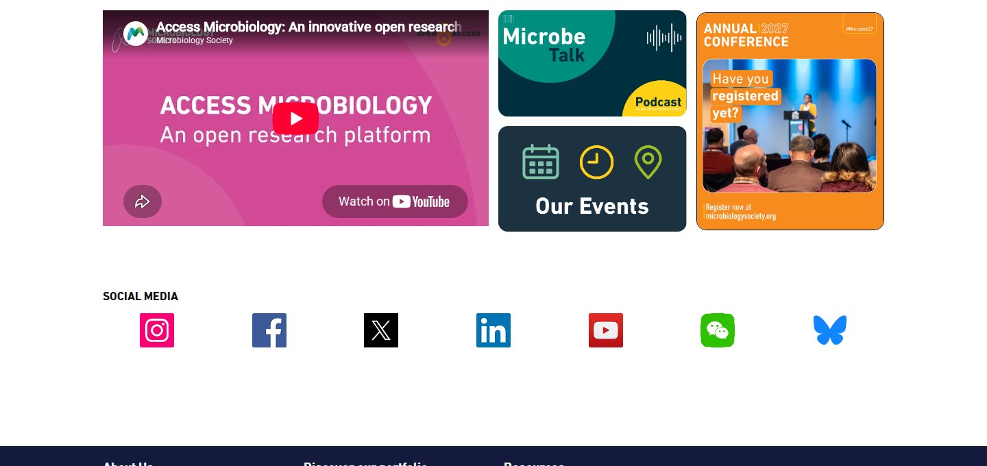 An embedded video beside podcast, events and conference promo tiles, then a row of social media links.