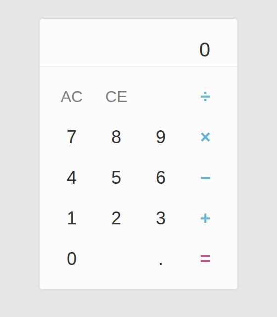 A calculator with a display showing 0 and a keypad with digits, the divide, multiply, subtract and add operators, an equals key and AC and CE keys.