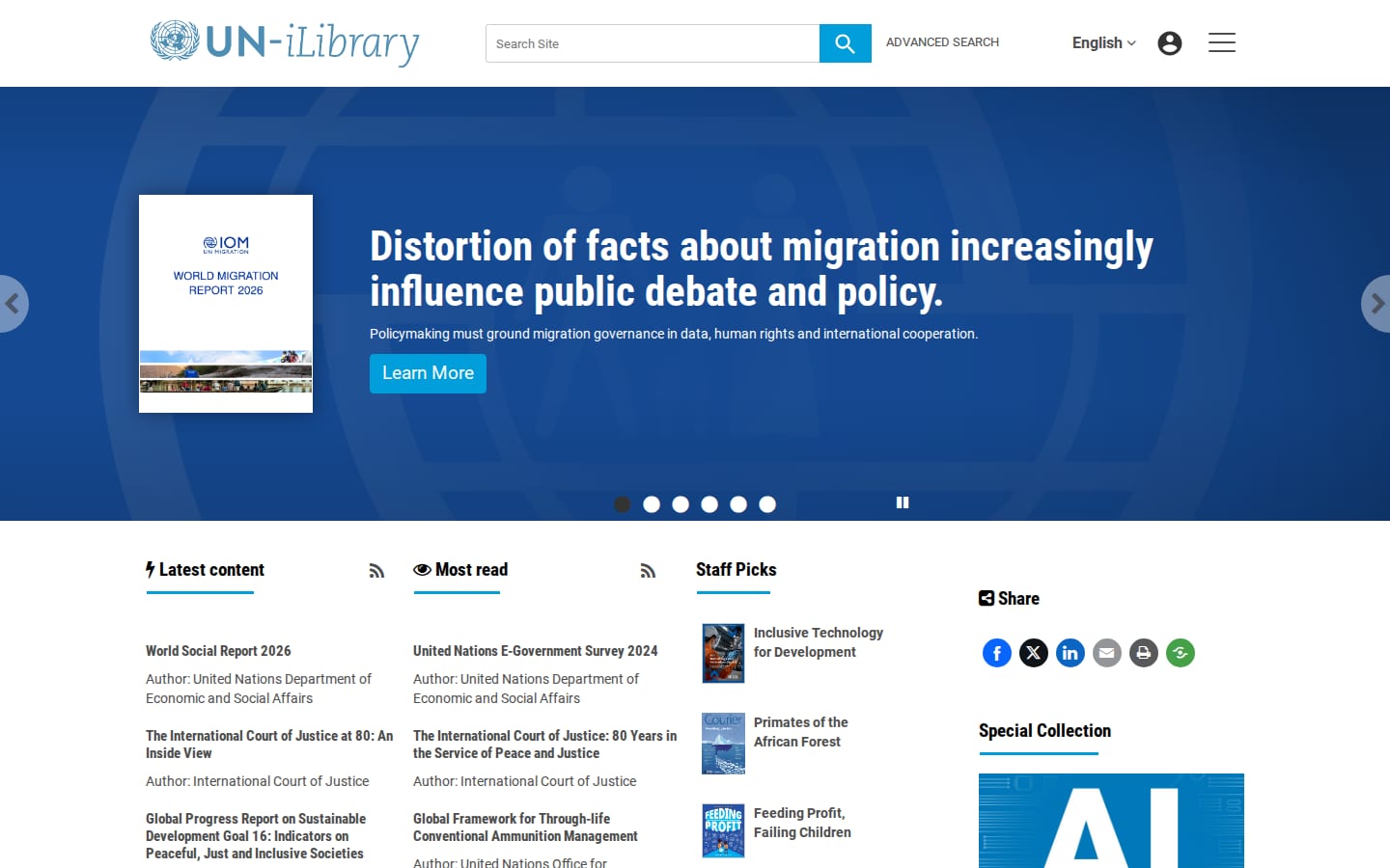 UN iLibrary home page in English: logo on the left, search box, language menu, a blue feature banner and Latest content, Most read and Staff Picks columns reading left to right.